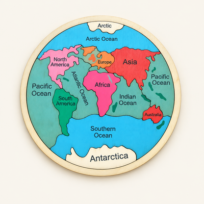 Round wooden world map puzzle with labeled continents and oceans, top view
