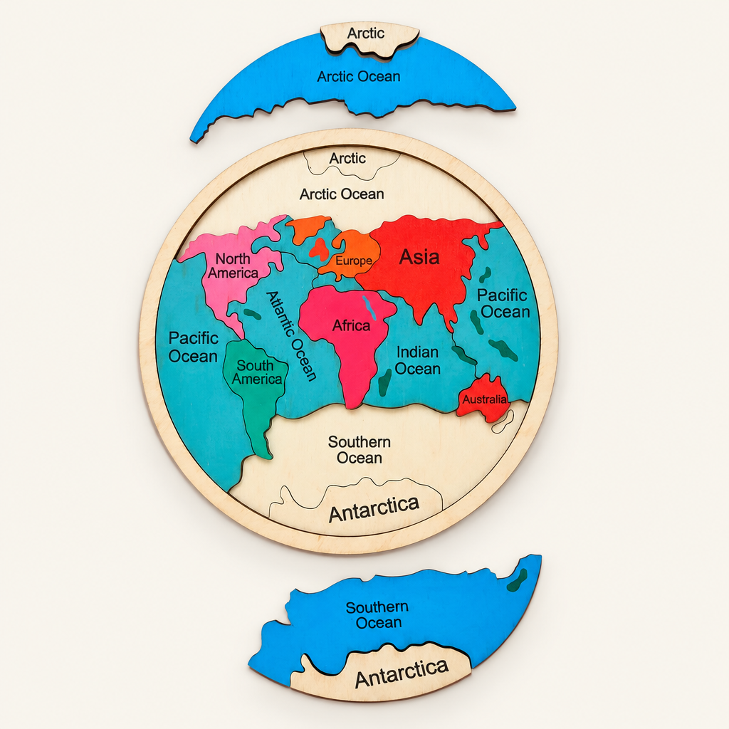 World map puzzle with the Arctic and Antarctica pieces lifted out