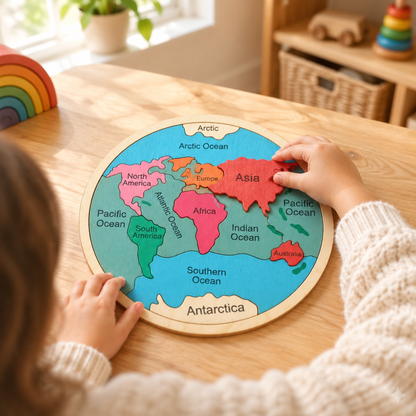 Child's hands placing a piece into the wooden world map puzzle