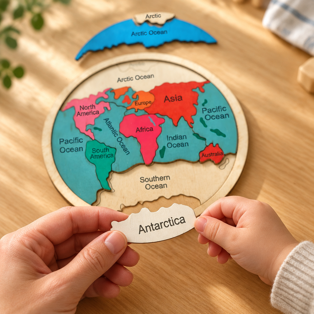 Adult and child lifting the Antarctica piece out of the world map puzzle
