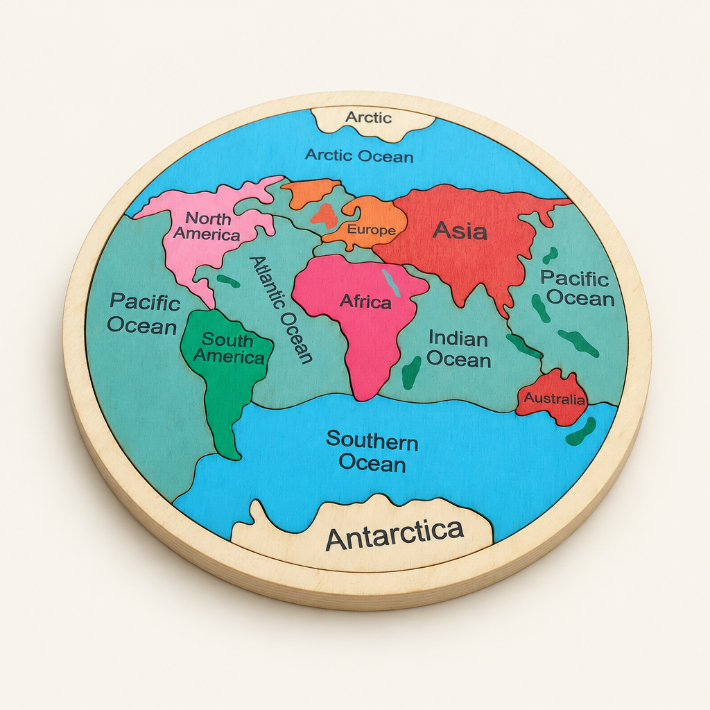 Wooden world map puzzle, angled view