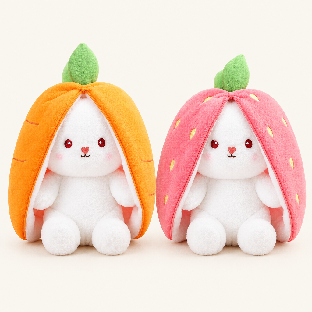 Carrot and strawberry fruit bunny plush side by side