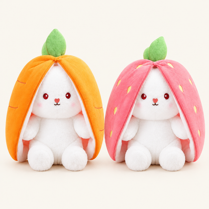 Carrot and strawberry fruit bunny plush side by side