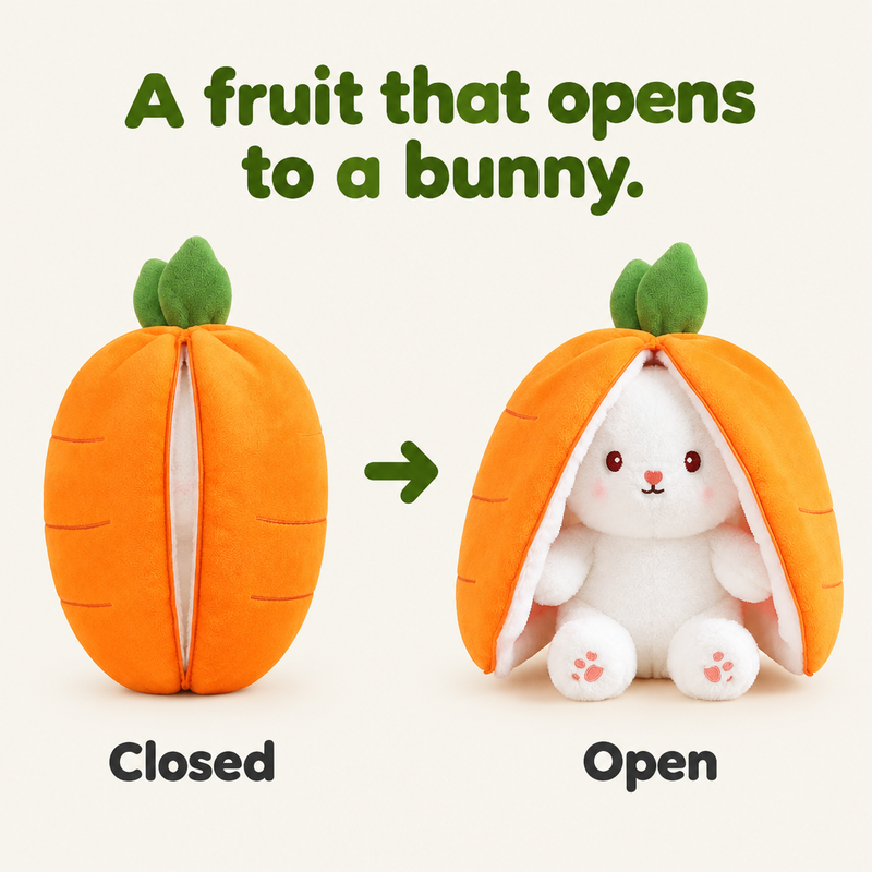 Carrot plush closed as a fruit and opened to show the bunny