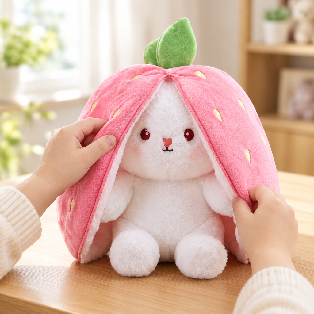 Child's hands opening the strawberry cover to show the bunny