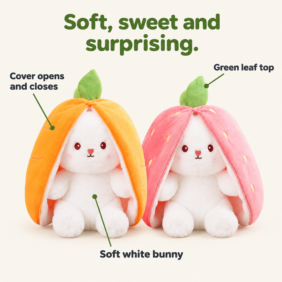 Fruit bunny plush with opening cover, soft white bunny and green leaf top