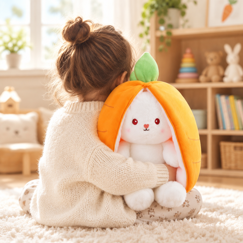 Child hugging the carrot bunny plush on a rug