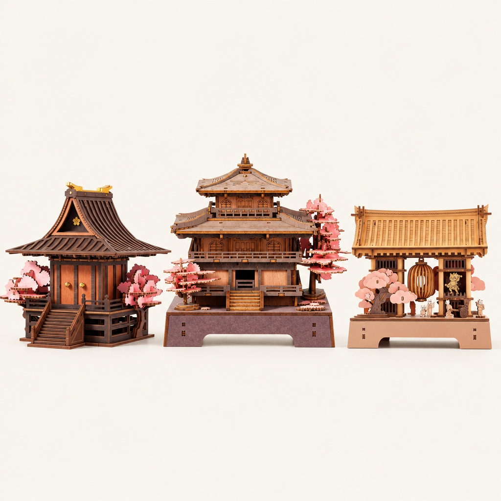 Three wooden sakura mini house kits: temple, pavilion and lantern gate