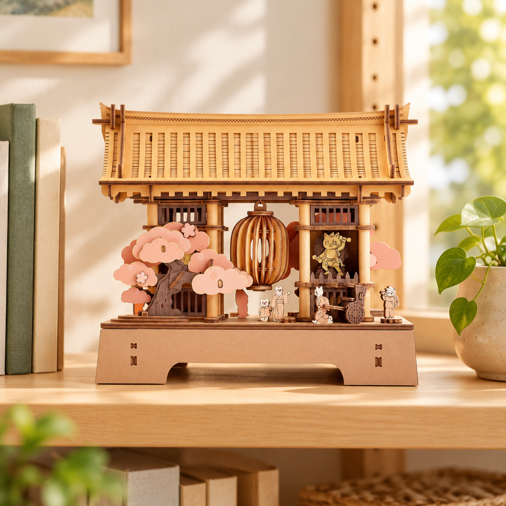 Finished wooden sakura lantern gate kit on a bookshelf