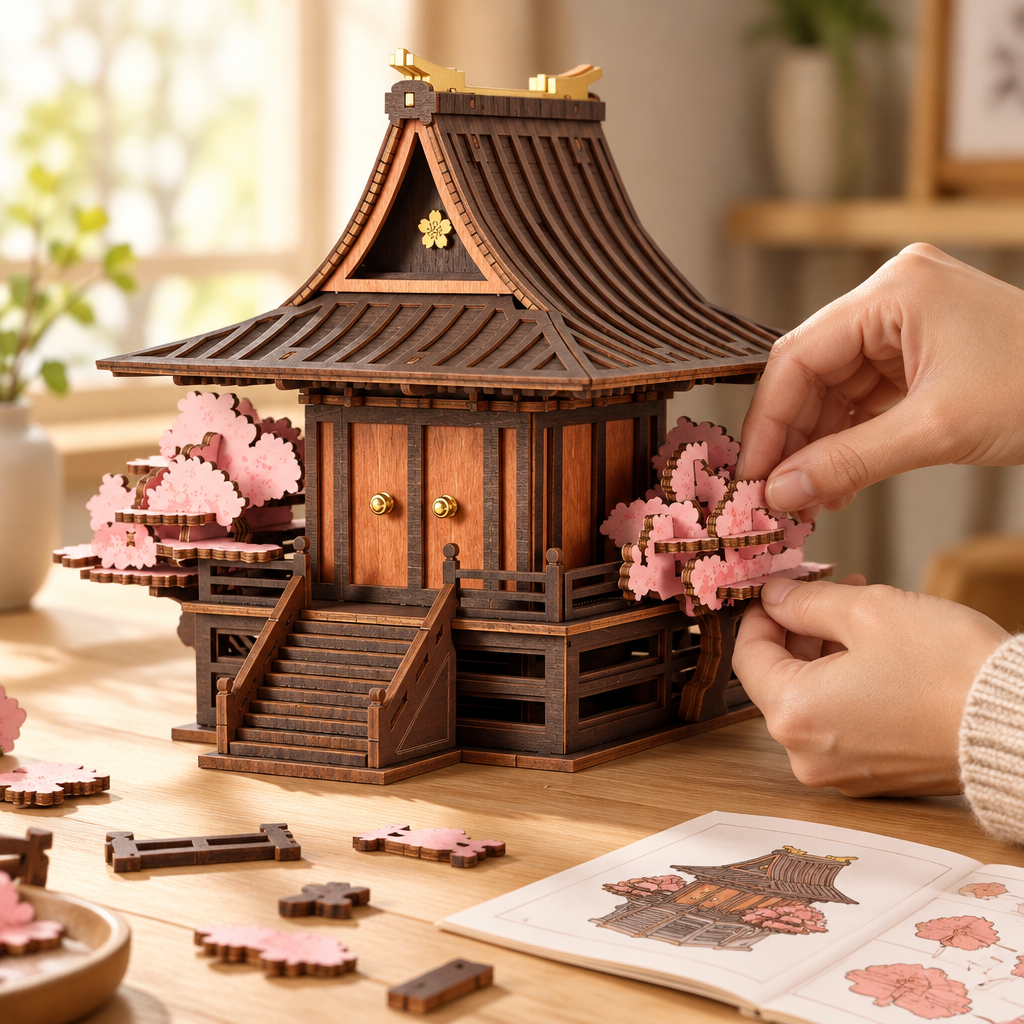 Hands adding a pink blossom piece to the wooden sakura house kit