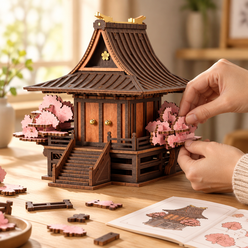 Hands adding a pink blossom piece to the wooden sakura house kit