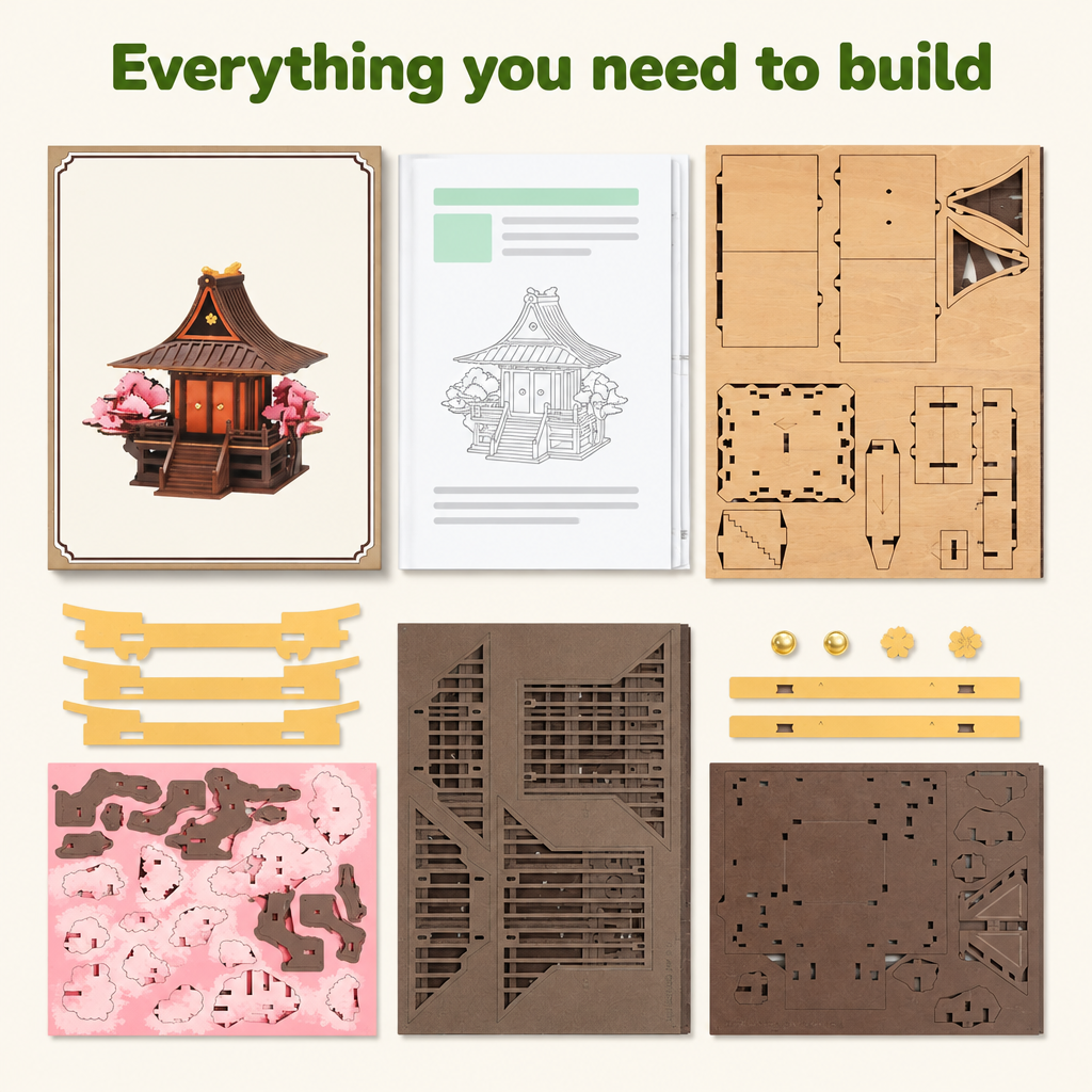 Wooden sheets, blossom pieces and instruction booklet for the sakura house kit