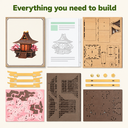 Wooden sheets, blossom pieces and instruction booklet for the sakura house kit