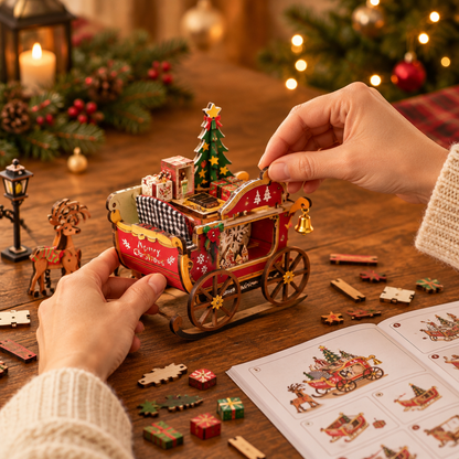 Hands building the wooden Christmas sleigh kit with an instruction booklet