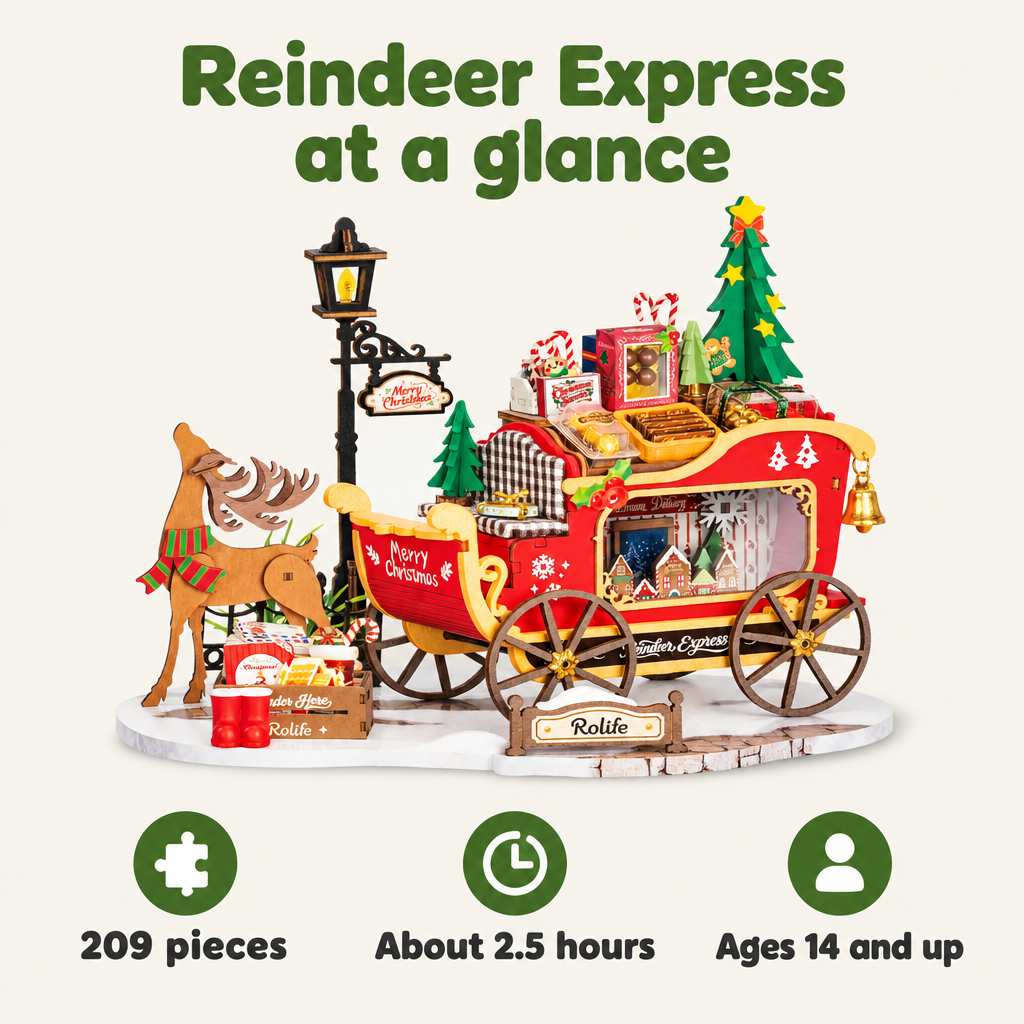 Reindeer Express kit: 209 pieces, about 2.5 hours, ages 14 and up