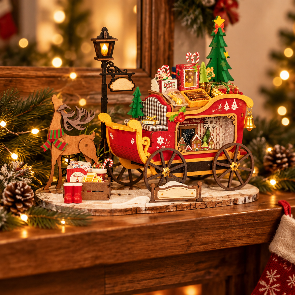 Finished wooden Christmas reindeer sleigh kit on a mantel with string lights