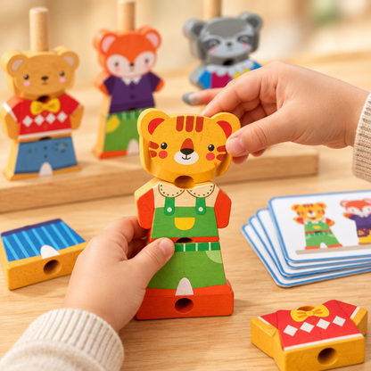 Hands mixing and matching animal outfit blocks