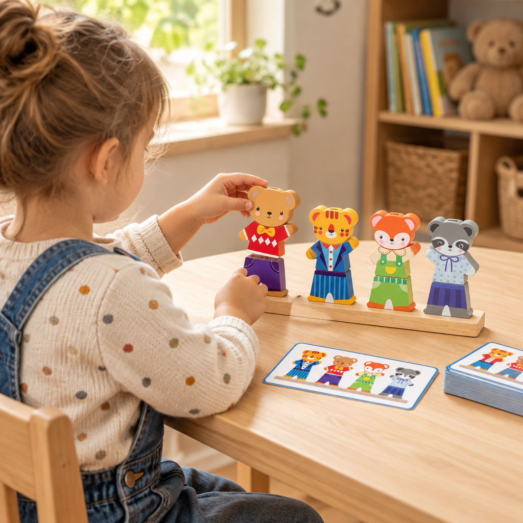 Child building a wooden animal figure at a table