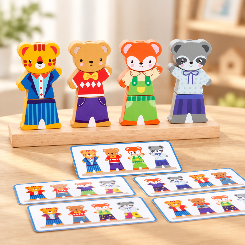 Wooden animal dress-up stacking puzzle with picture cards