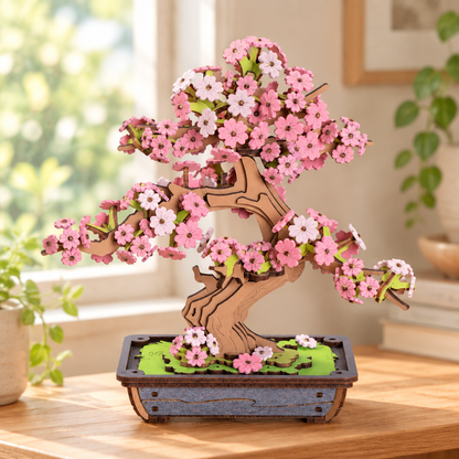 Wooden 3D sakura bonsai on a shelf