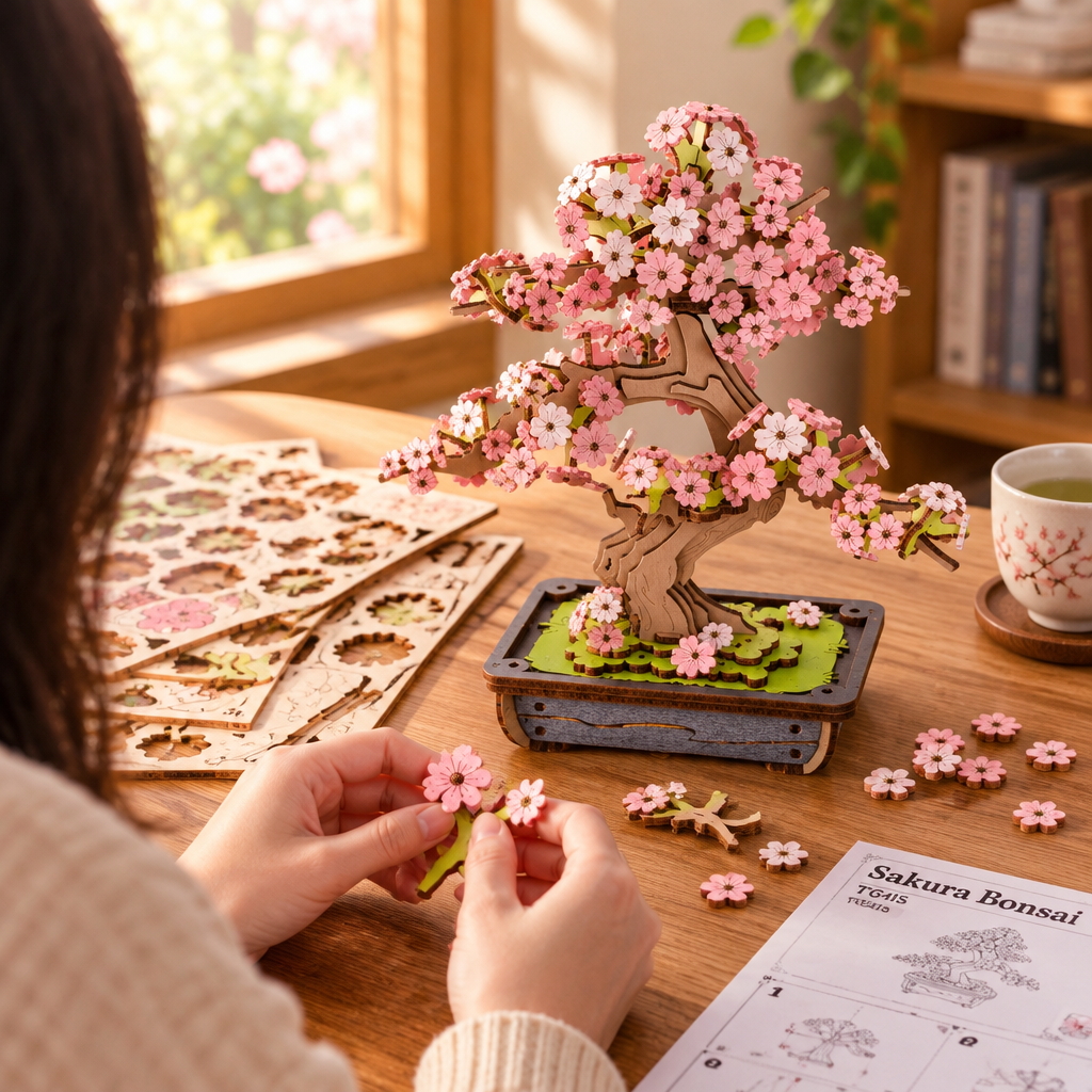 Building the sakura bonsai kit at a table
