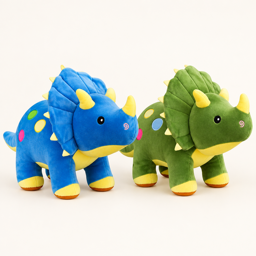 Blue and green Triceratops plush toys
