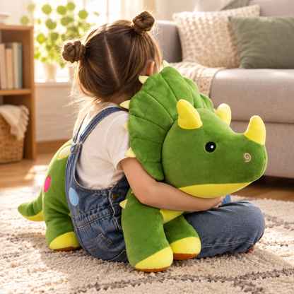 Child hugging the green Triceratops plush