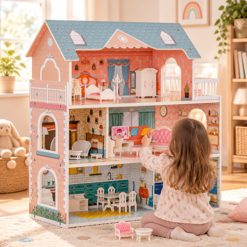 Child playing with wooden dollhouse