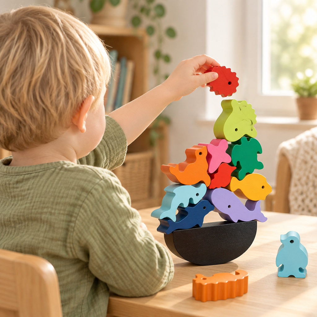 Child stacking wooden animal balance blocks