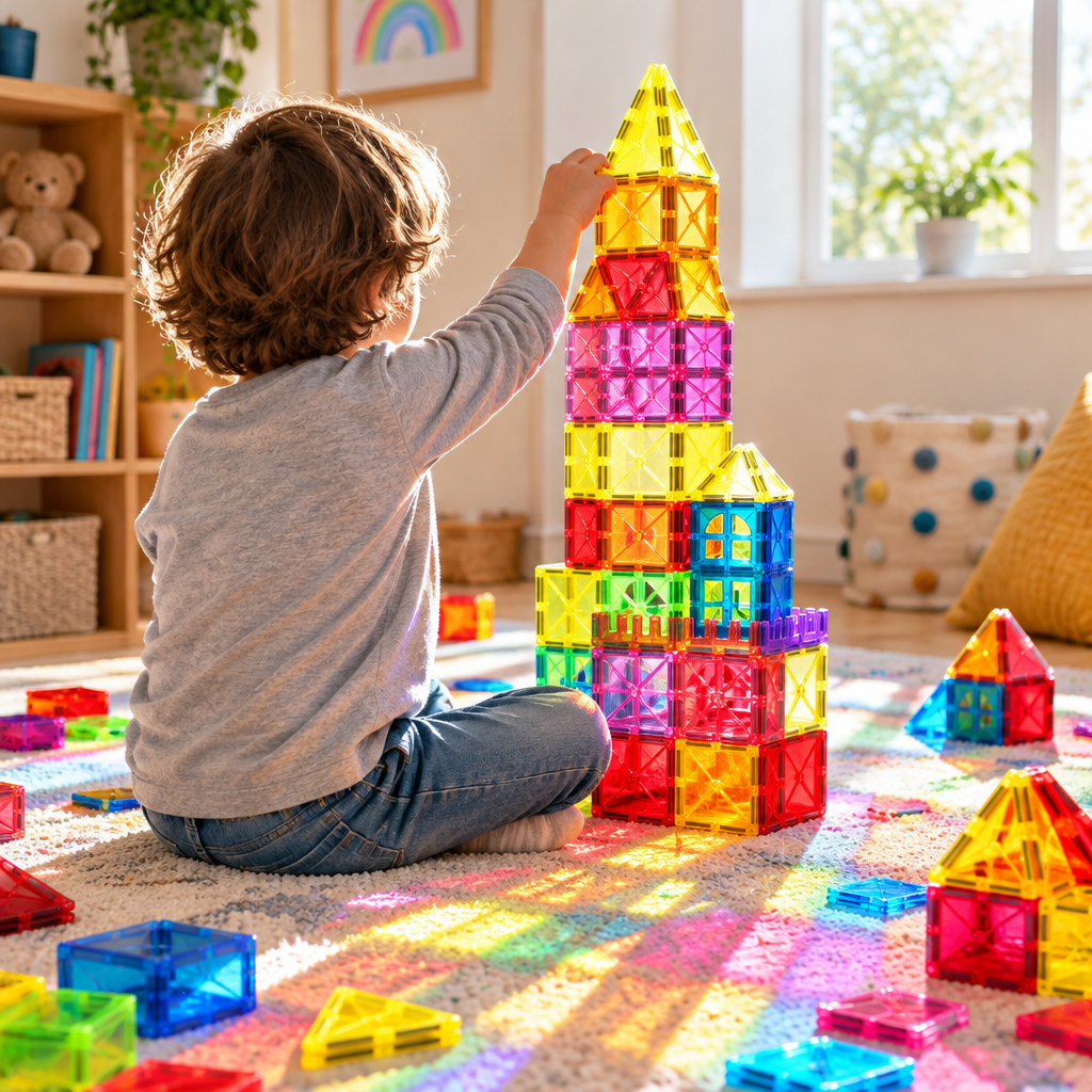 Child building a tower with magnetic tiles
