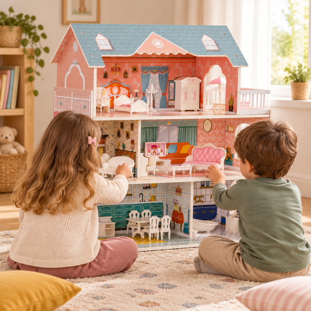 Two children playing with wooden dollhouse