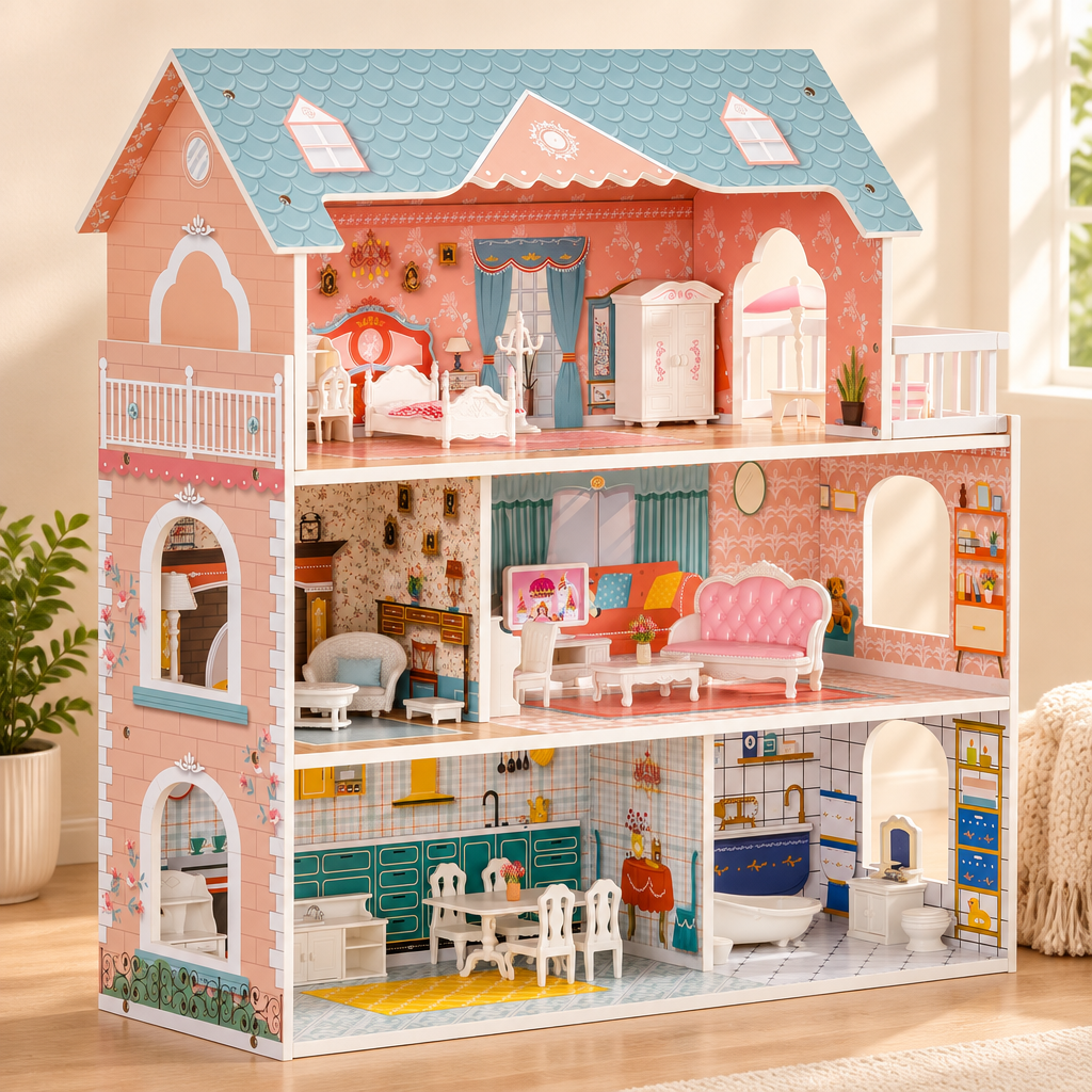 Wooden dollhouse with 31 furniture pieces