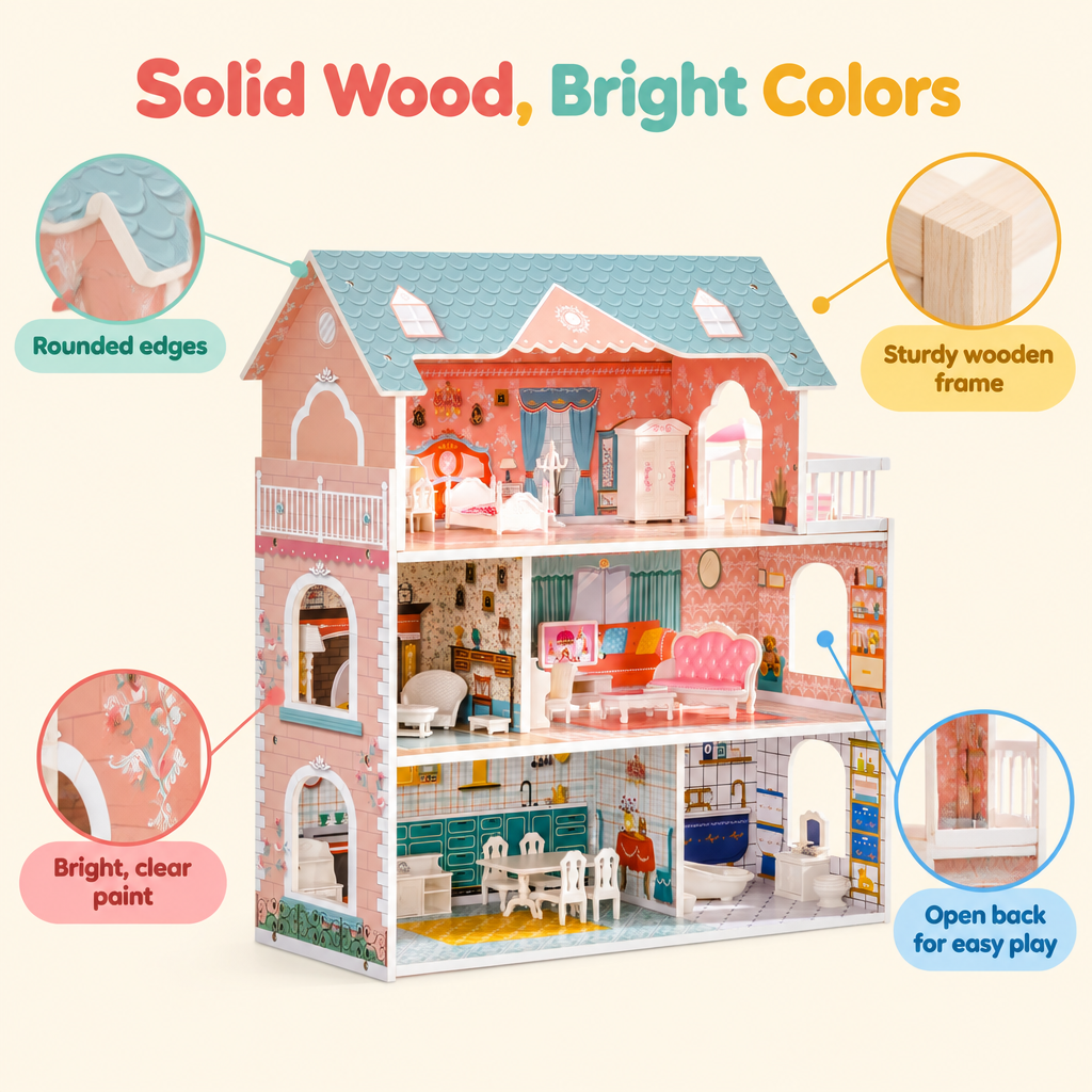 Solid wood dollhouse features